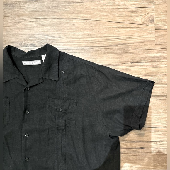 Monte Carlo linen blend black short-sleeved button up shirt with details - Picture 1 of 15
